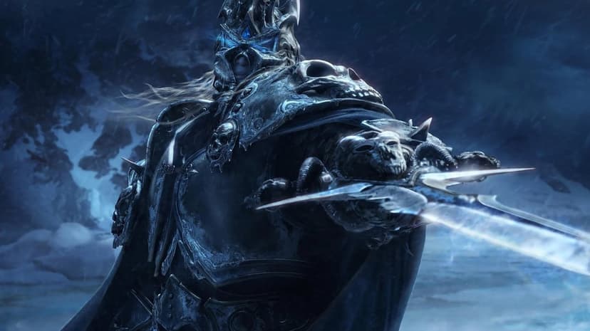 The Lich King Arthas in dark plate armor holding the glowing runeblade Frostmourne in a snowy landscape.