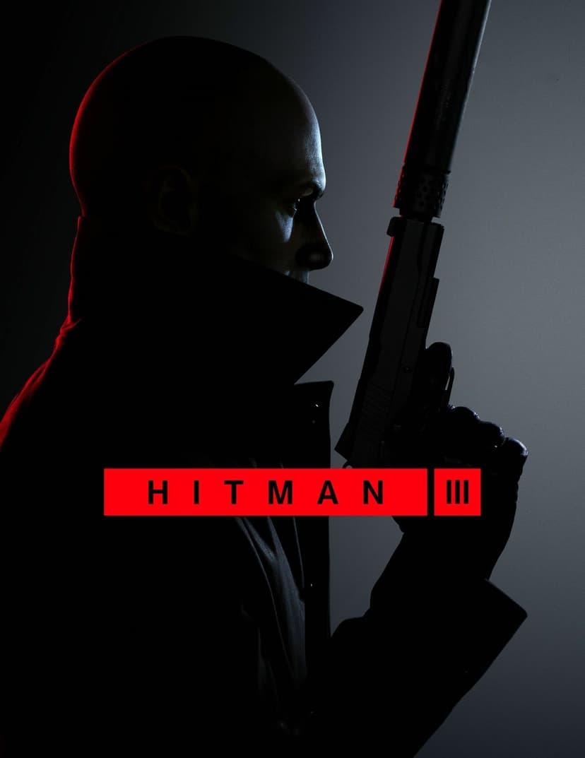 Agent 47 in profile holding a suppressed pistol with red rim lighting and a Hitman III logo overlay.