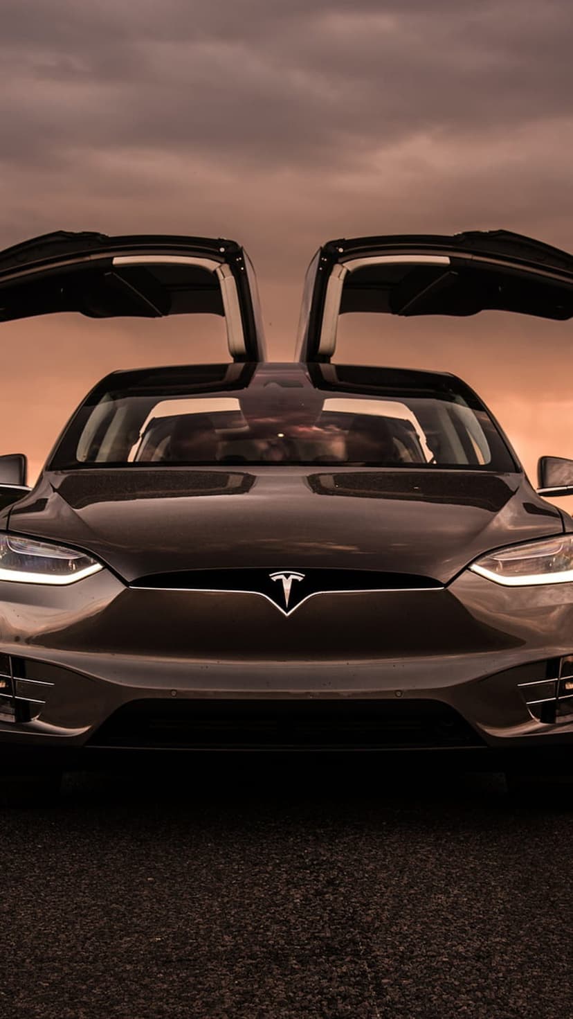Tesla Model X with raised falcon wing doors silhouetted against a cloudy orange and yellow sunset horizon.