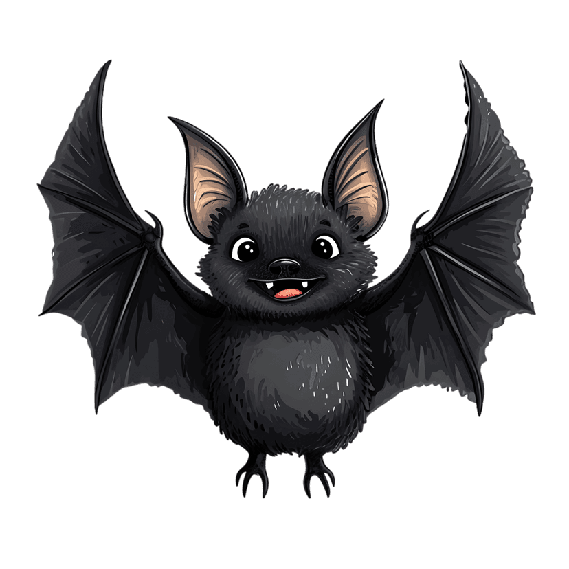 Cartoon bat illustration with black wings spread wide, large ears, and a friendly smile on a clear background.