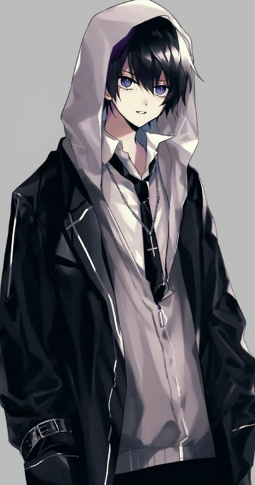 Young man with black hair, purple eyes, and a silver cross necklace wearing a hooded jacket with buckles.