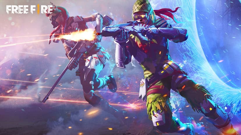 Two tactical soldiers in Free Fire armor run while shooting rifles amidst orange fire and blue energy swirls.