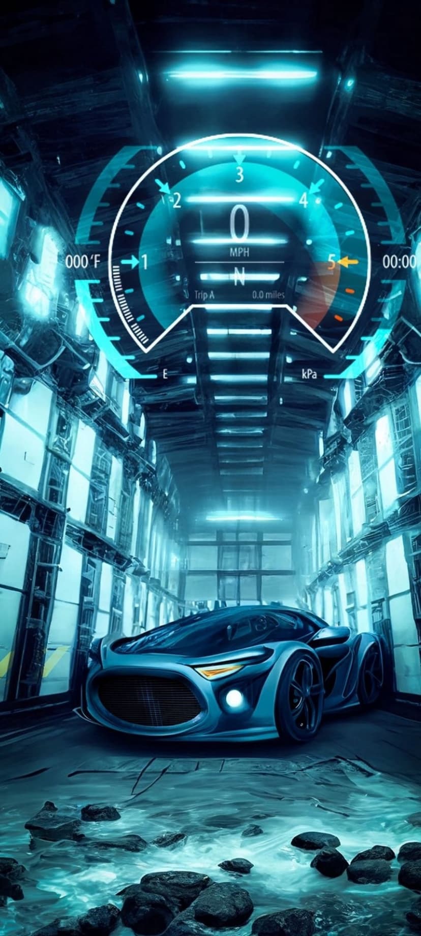 Blue sports car with glowing headlights parked in a dark neon tunnel featuring holographic dashboard displays.