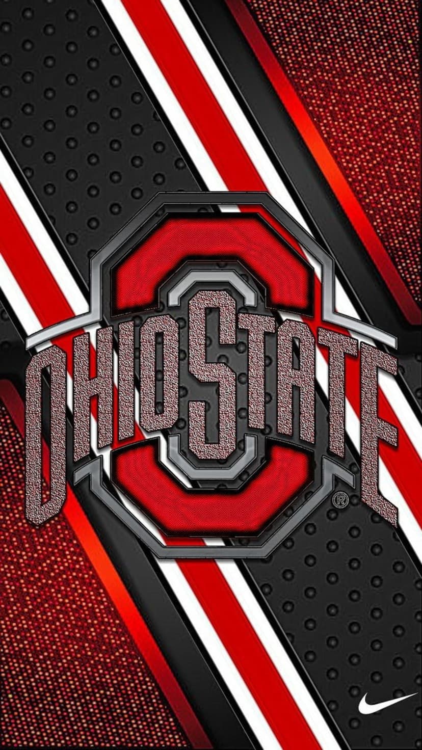 Ohio State O logo centered on red and black vertical stripes with textured circular patterns and a Nike swoosh.