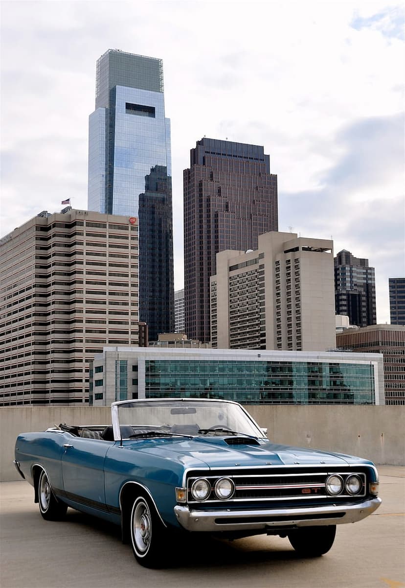 Blue Ford Torino convertible with a white top parked on a rooftop overlooking Philadelphia glass skyscrapers.