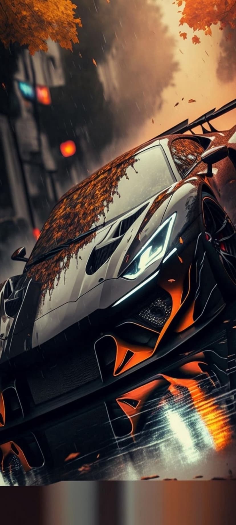 Black and orange sportscar driving on a wet road during a rainy autumn day with falling orange maple leaves.