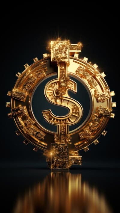 Golden Dollar Sign with Intricate Gears and Reflections