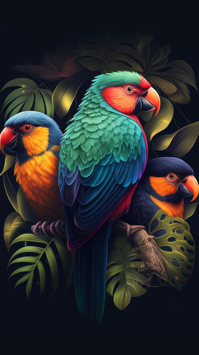Three colorful parrots with red, blue, and yellow feathers sit on a branch among dark green tropical leaves.