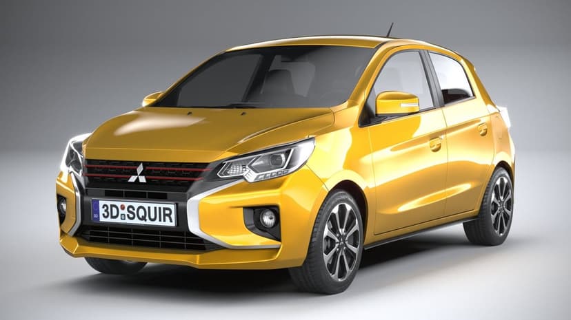 Yellow Mitsubishi Mirage hatchback with LED headlights and alloy wheels in a grey studio with soft reflections.