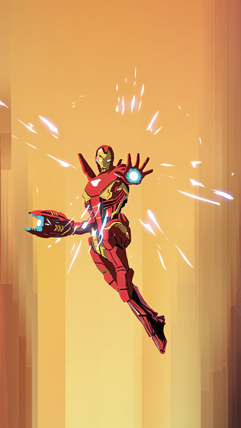 Iron Man in red and gold armor flies upward with a glowing repulsor blast against a streaked orange background.