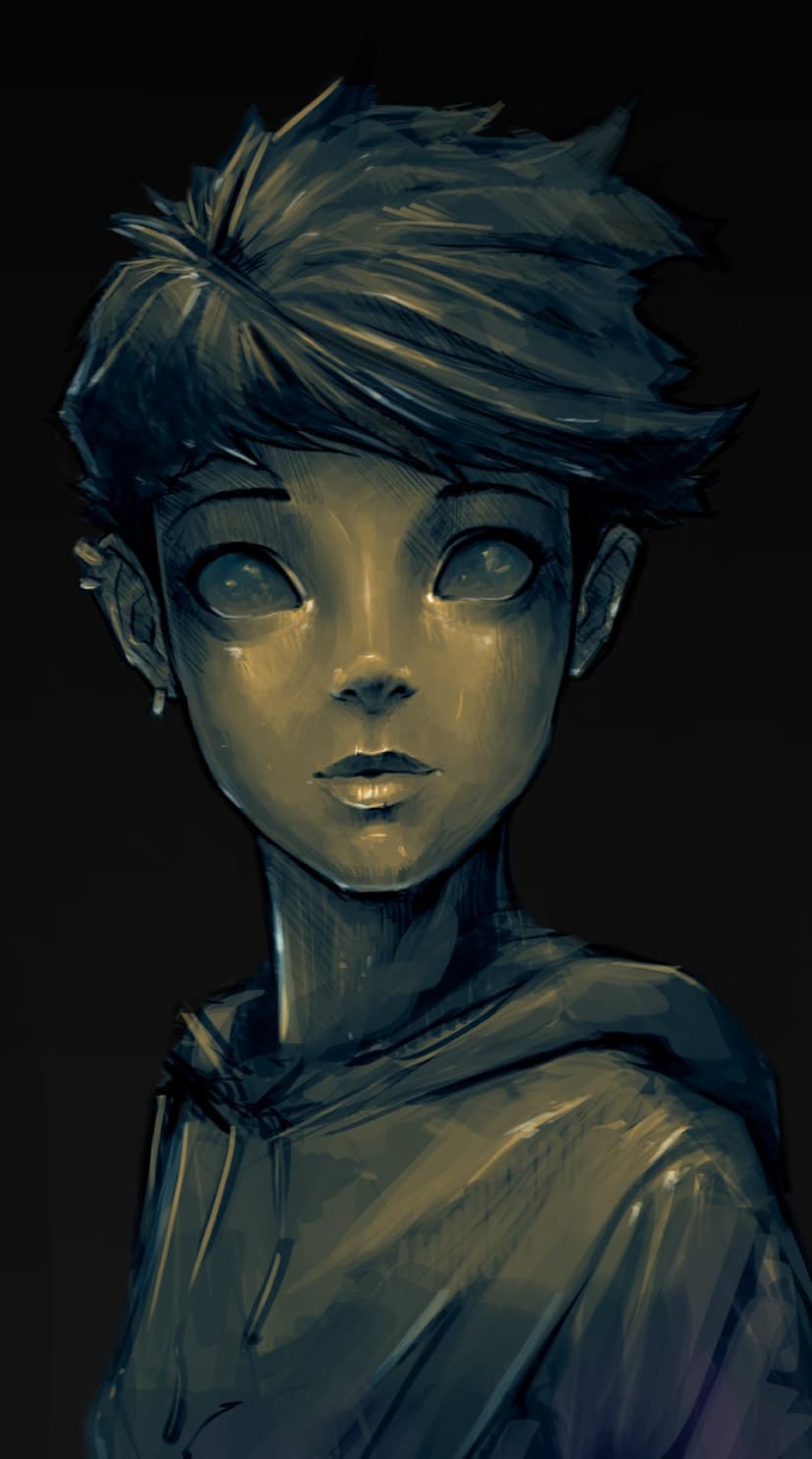 Hooded person with spiky hair and glowing yellow eyes staring forward against a dark blue and gray background.