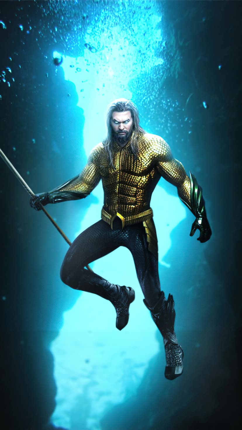 Aquaman wears golden scaled armor and holds a trident while floating in deep blue water with floating bubbles.