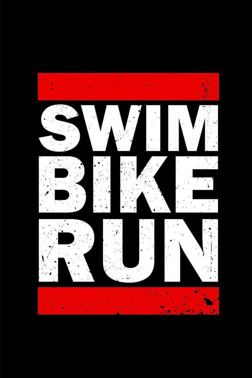 Bold white Swim Bike Run typography centered between red horizontal lines on a solid black background.