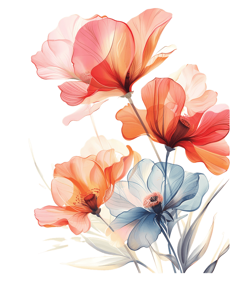 Vibrant watercolor flowers feature layered petals and green leaves arranged in a dense botanical composition.