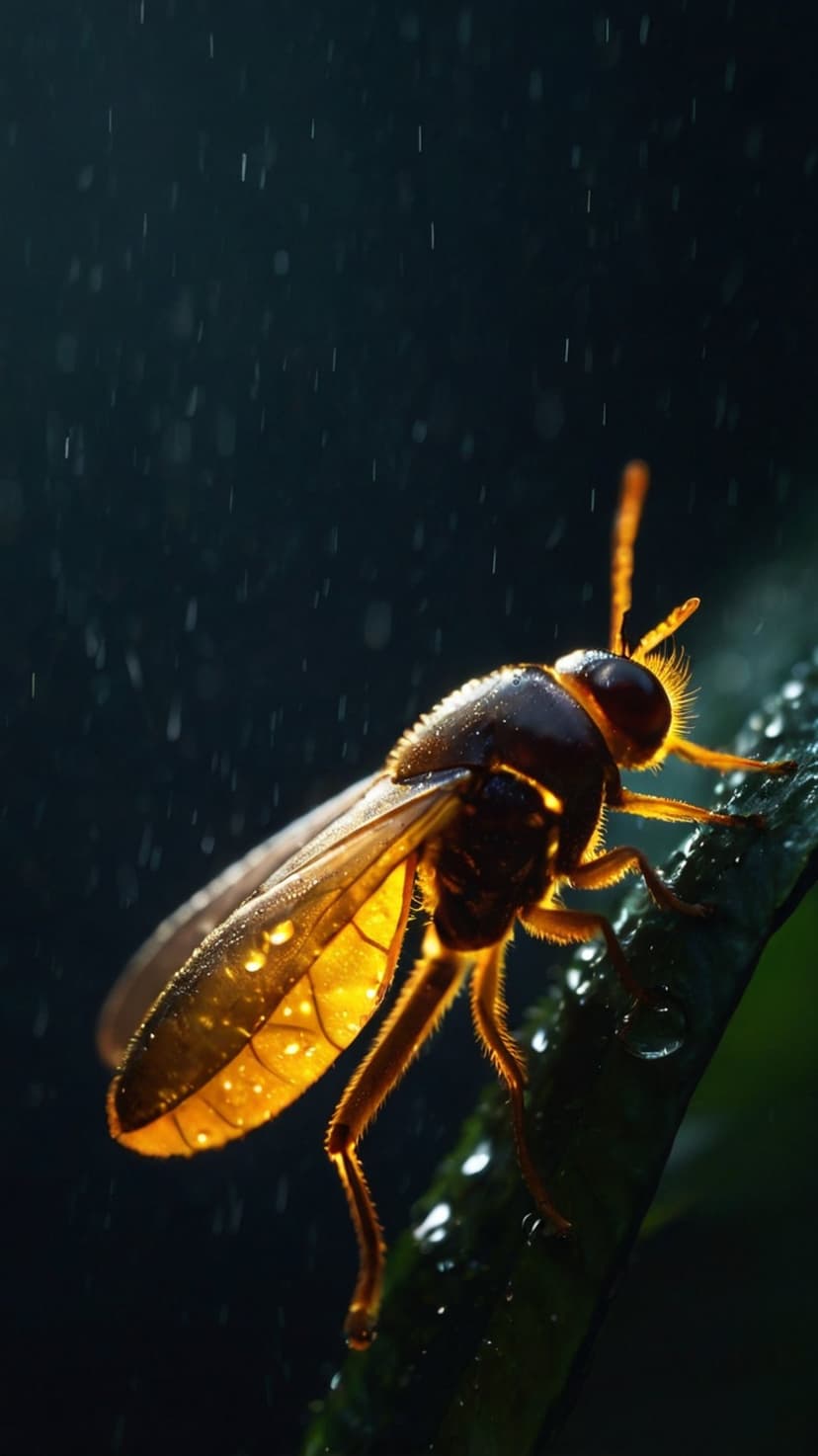 Glowworm with glowing translucent wings rests on a wet green leaf covered in raindrops during a dark rain shower.