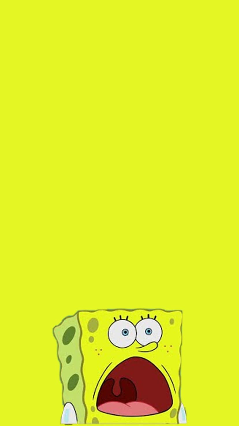 SpongeBob SquarePants screams with his mouth wide open and eyes bulging against a solid bright yellow background.