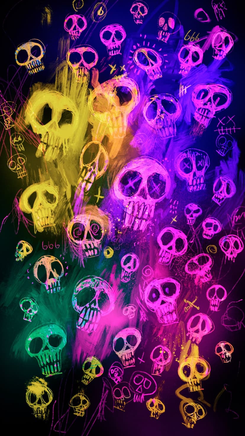 Hand-drawn skulls in neon pink and green overlap with sketchy lines and the number 666 on a black background.