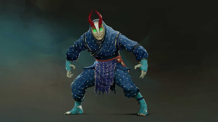 Masked demon warrior in blue floral robes with glowing green eyes and red horns against a dark background.