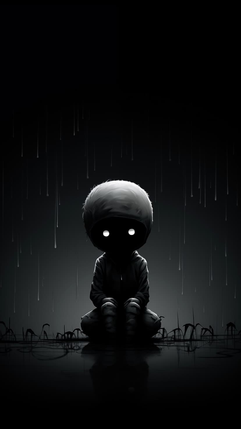 Solitary figure with glowing white eyes sits in a dark rainstorm with reflections on wet ground and plants.
