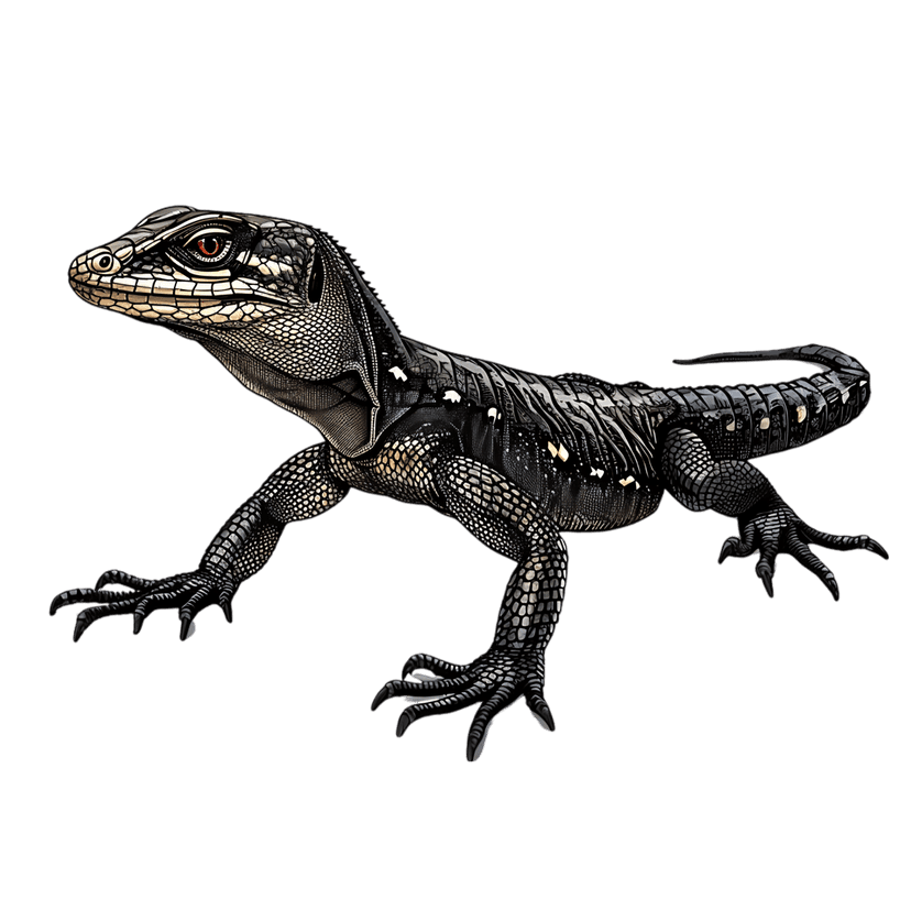 Monochrome lizard illustration featuring detailed scale textures and glowing orange eyes on a dark background.