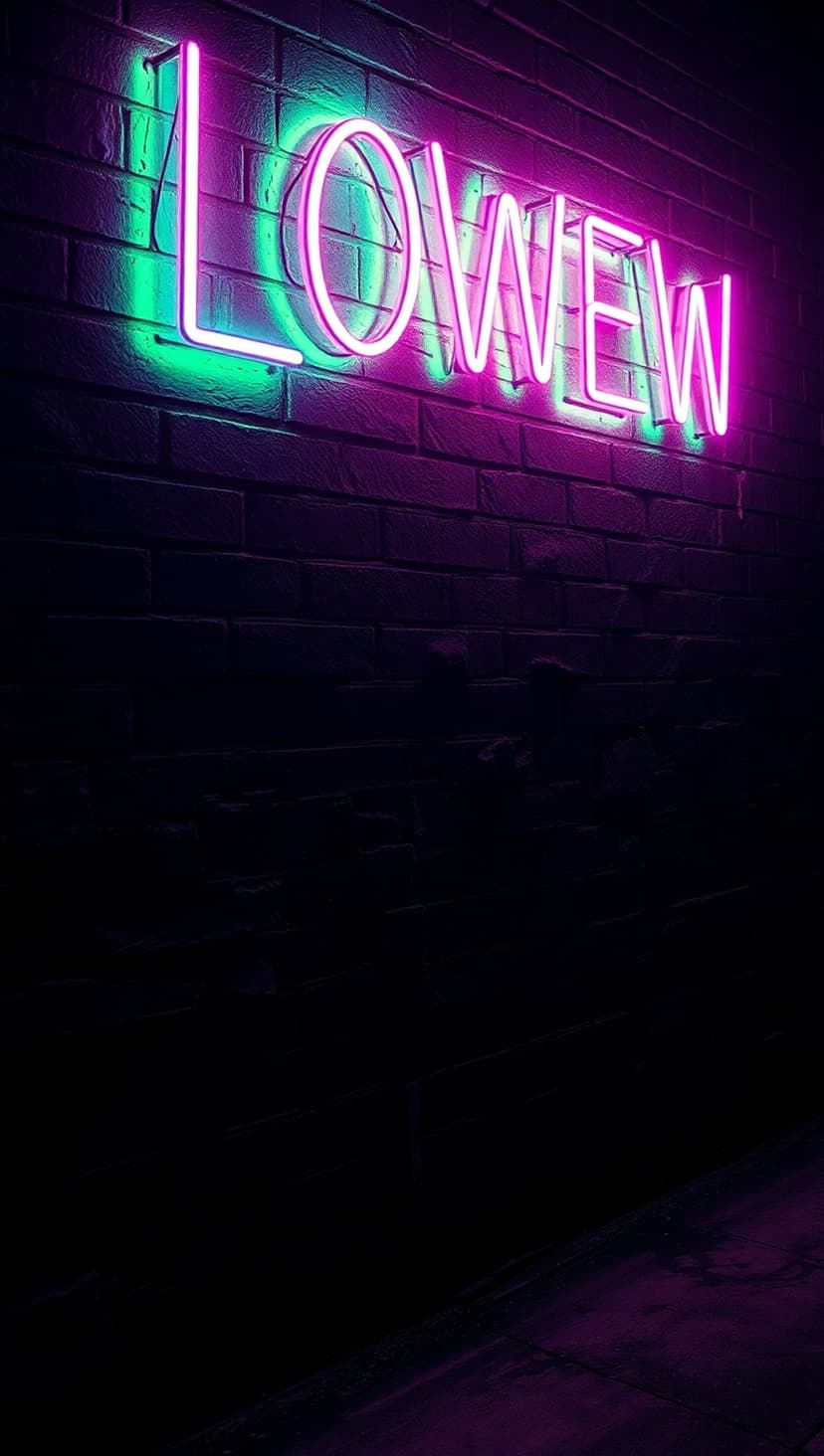 LOWEW neon sign in pink and green letters glowing on a dark textured brick wall with colorful light reflections.