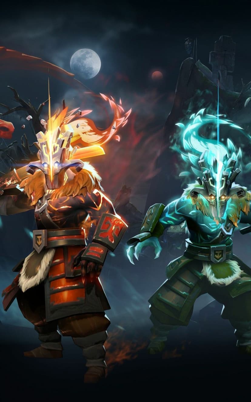Two armored warriors glowing with fire and cyan spectral energy under a full moon in a dark landscape.
