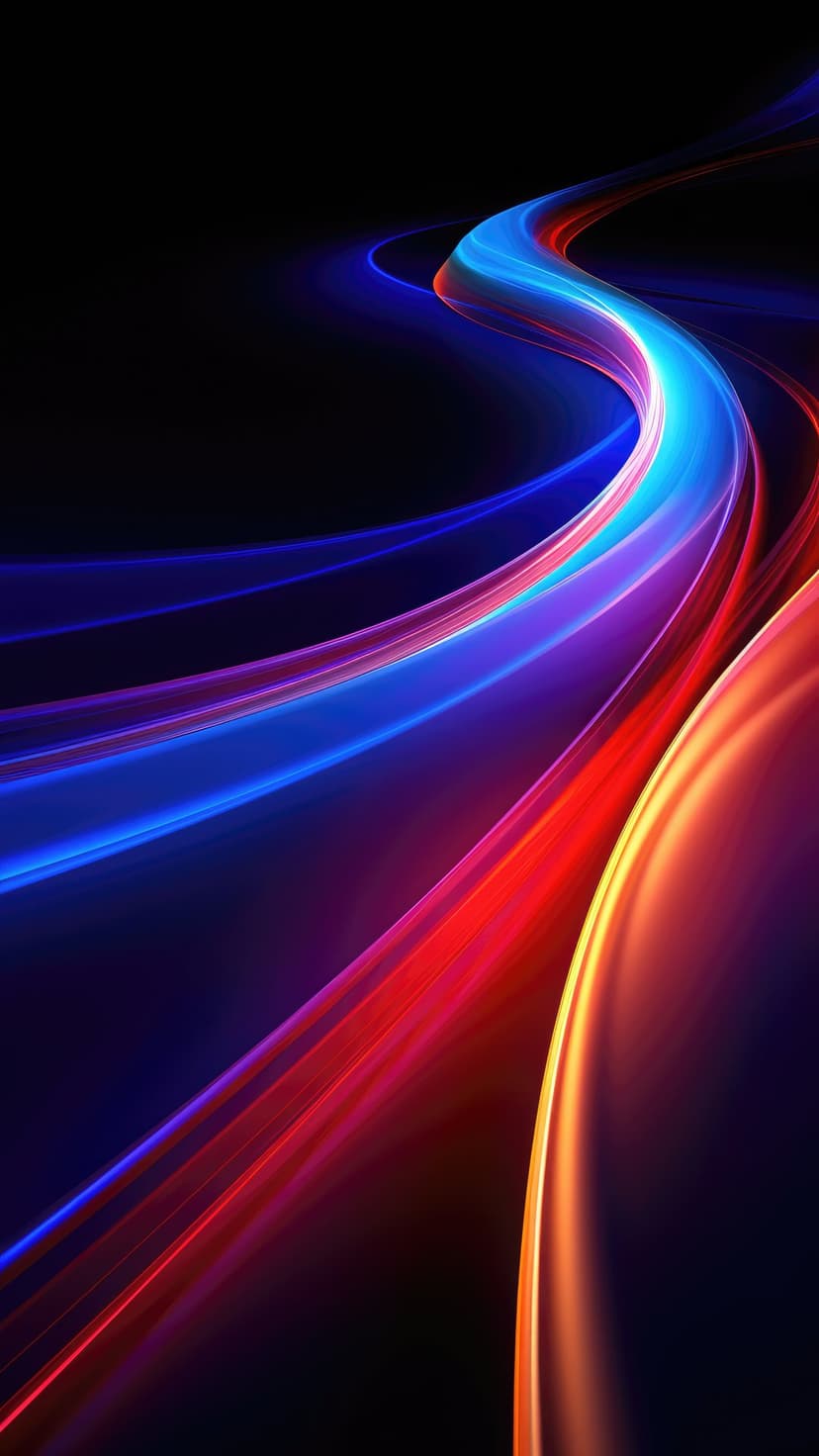 Glowing blue and red light streaks flow in curved paths against a dark black backdrop with high color contrast.
