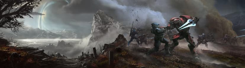 Blue Spartans battle a red Elite with an energy sword on a rocky planet under a massive Halo ring in the sky.