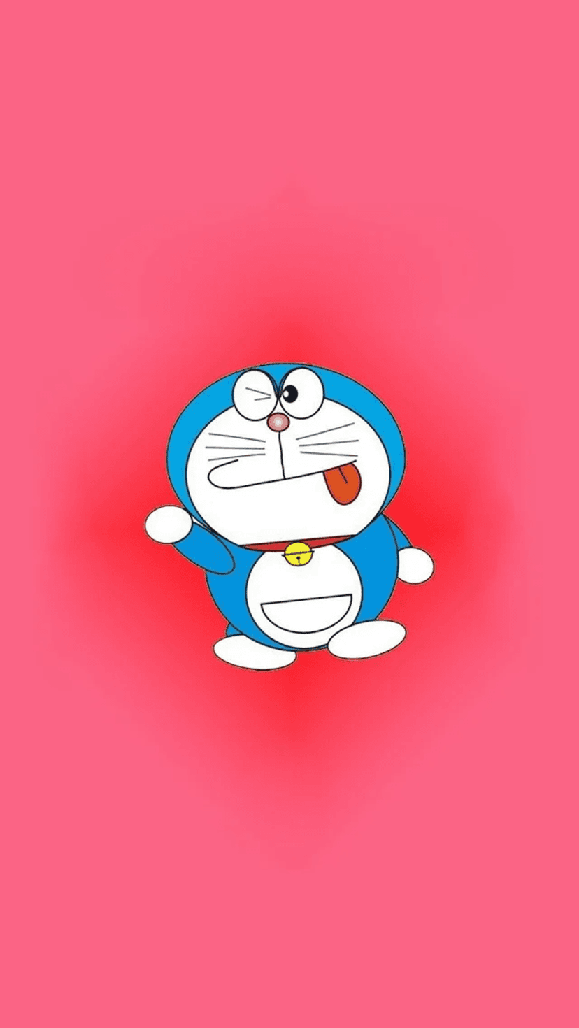 Doraemon winks and sticks his pink tongue out against a vibrant red and magenta gradient background.