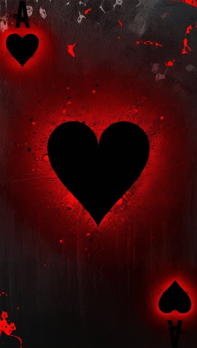Ace of Hearts card featuring a radiant red heart symbol and crimson splatters against a dark texture.