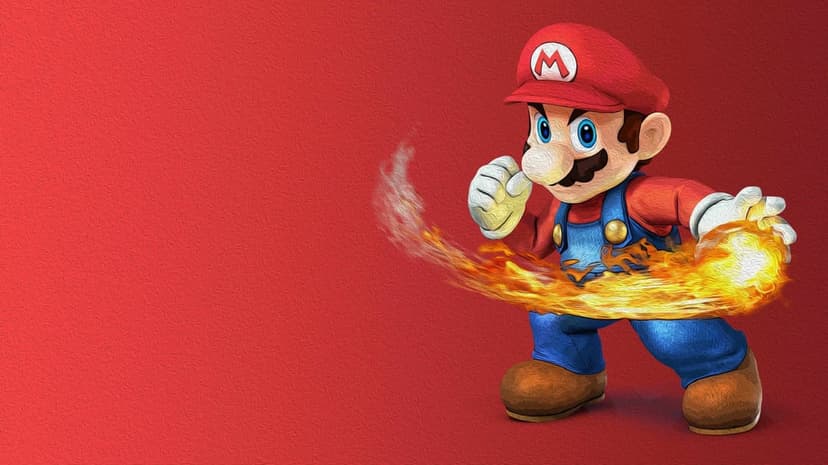 Super Mario throwing a swirling fireball against a red textured background with oil paint brushstrokes.