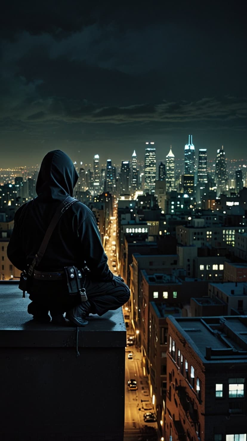 Ninja in a black hood crouches on a skyscraper ledge overlooking a vast city illuminated by thousands of lights.