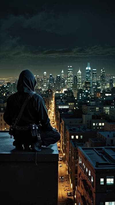 Dark Ninja Rooftop Cityscape Night Phone Background