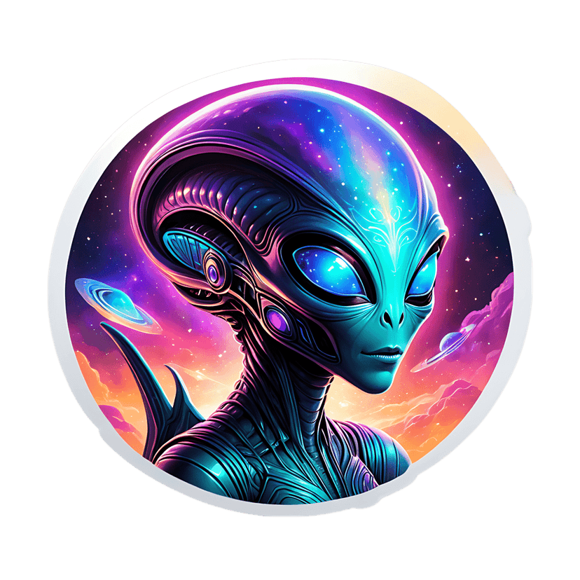 Teal alien character sticker features glowing blue eyes and iridescent skin within a circular nebula frame.