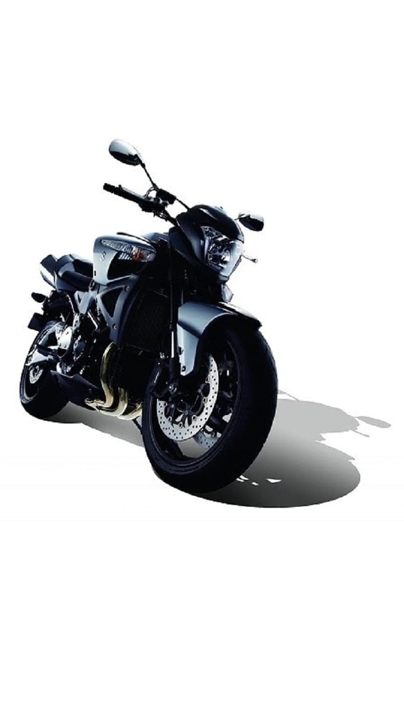 Black naked motorcycle with visible engine and dual exhaust pipes on a white background with soft shadow.