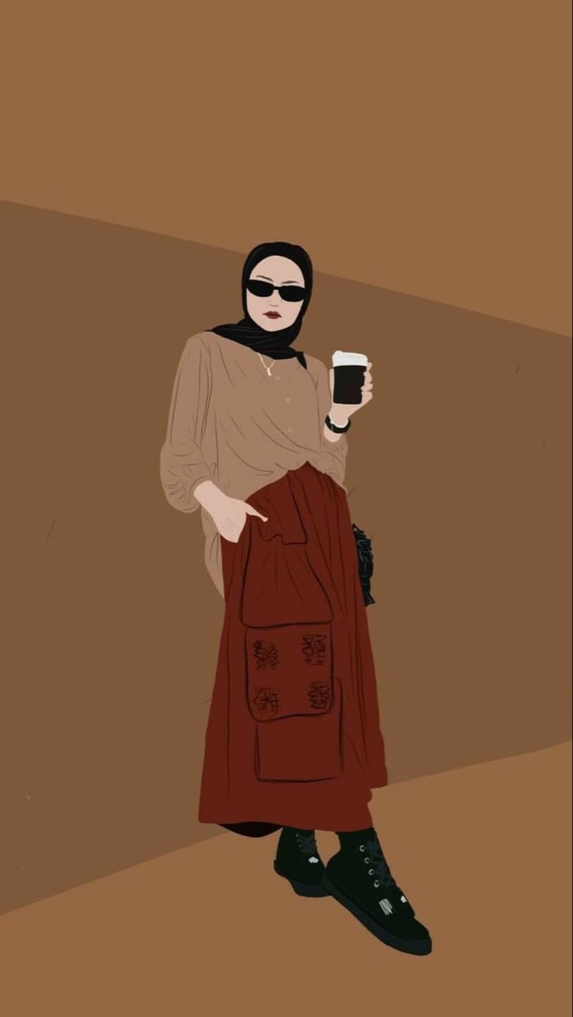 Muslim woman in black hijab and rust skirt holding coffee cup against a warm, minimalist two-tone backdrop.