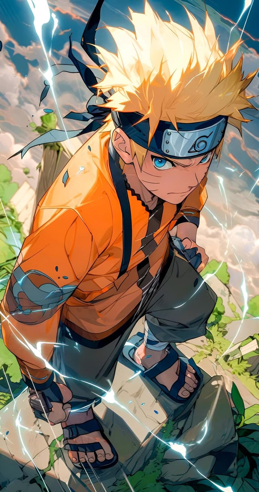 Naruto Uzumaki in an orange jumpsuit poses as blue lightning bolts strike a grassy field under a stormy sky.