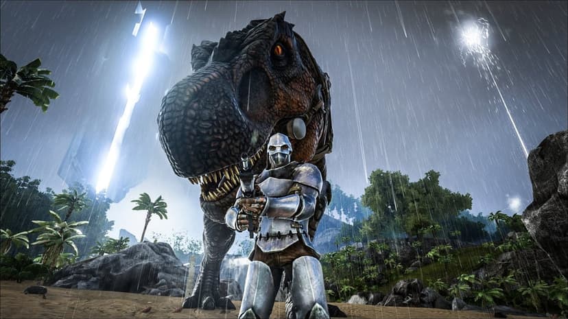 An armored warrior holds a rifle in front of a massive T-Rex on a rainy tropical beach at night.