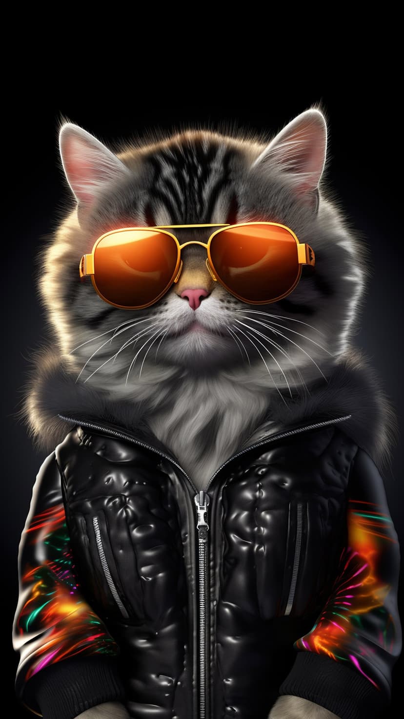 Tabby cat in gold aviator sunglasses and a black leather jacket with colorful sleeve art against a dark backdrop.
