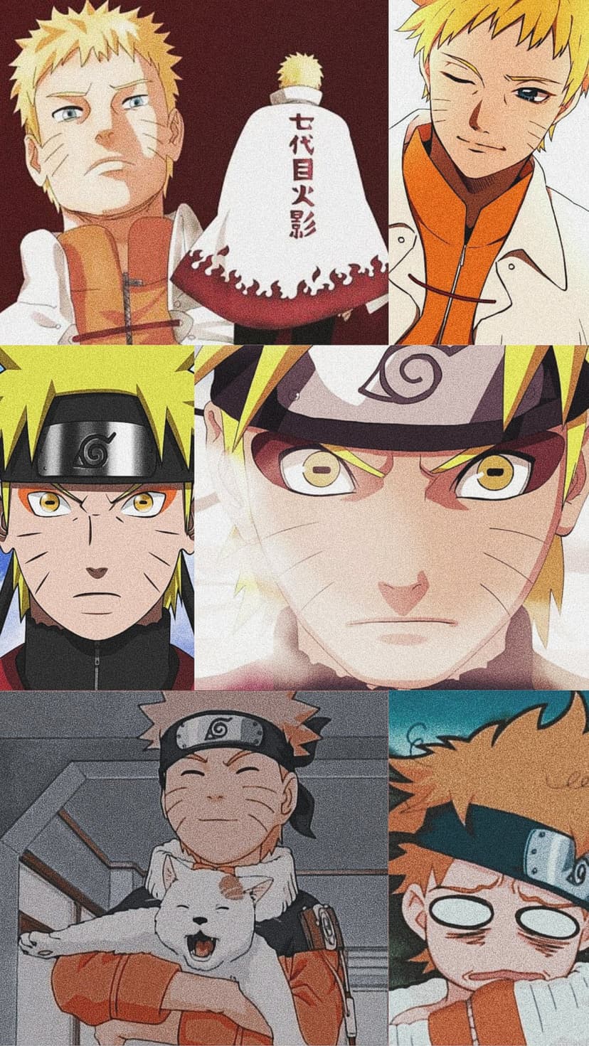 Naruto Uzumaki in his Hokage cloak and orange jumpsuit appears in a collage with several distinct facial expressions.