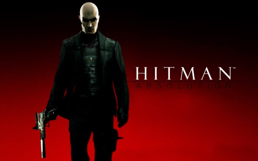 Agent 47 in a tactical suit holding a suppressed handgun against a high-contrast red and black background.
