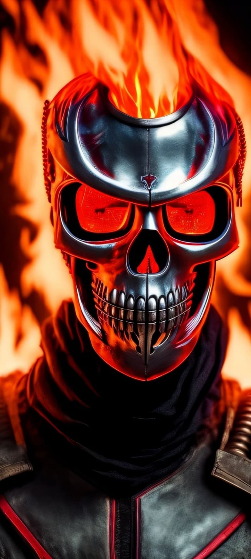 Metallic skull helmet with glowing red eyes surrounded by orange flames and wearing a black neck scarf.
