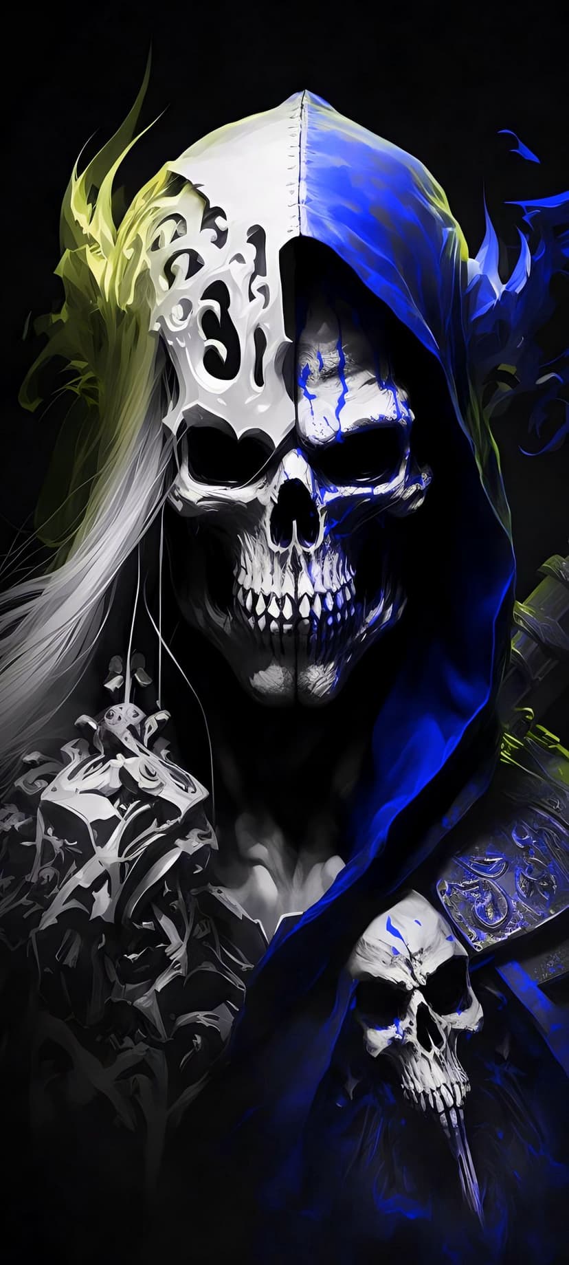 Grim reaper skull split into white filigree and cracked blue patterns, wearing a dark hooded cloak.