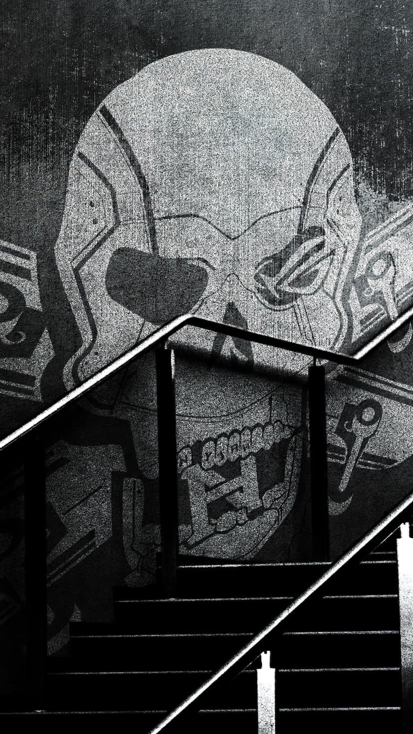 Weathered skull with circuit patterns positioned behind a minimalist metal staircase with a thin railing.