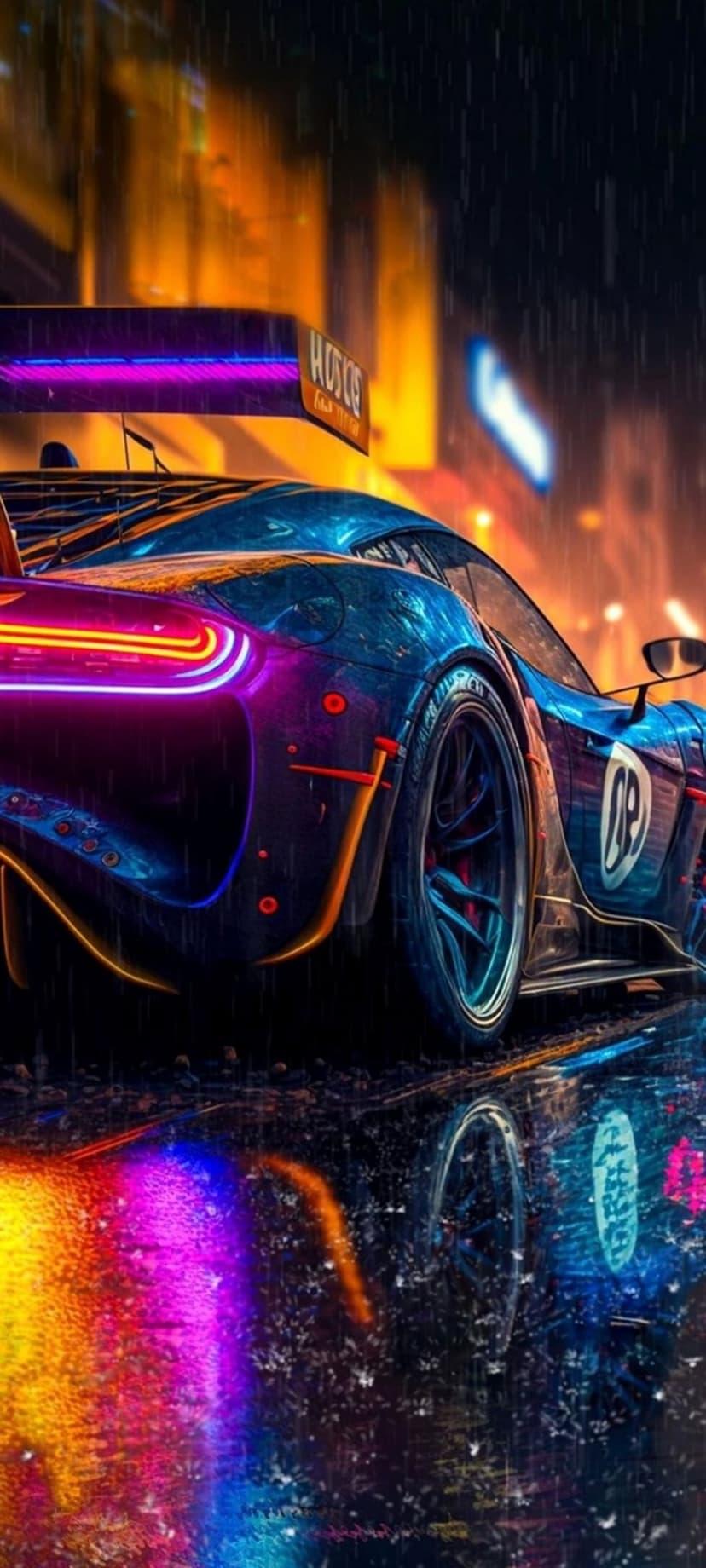 Blue sports car on a wet street reflects glowing neon signs and rain in a futuristic nocturnal city setting.