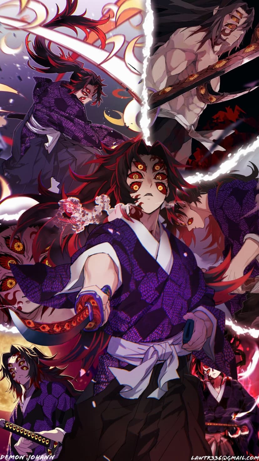 Kokushibo with six yellow eyes and facial markings holds a sword amidst swirling purple energy and shadows.