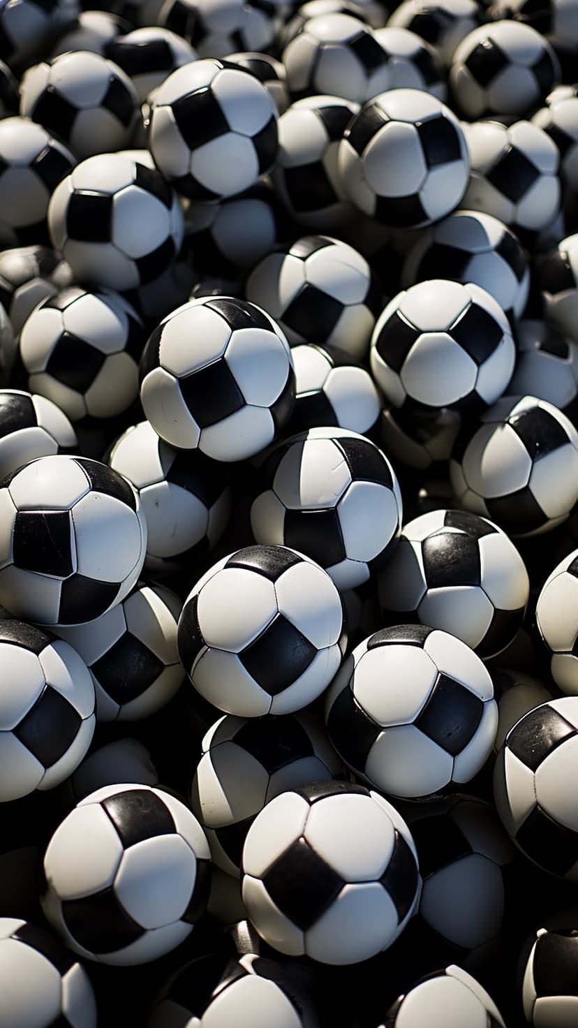 Black and white soccer balls stacked in a dense pile with detailed textures and overlapping shadows.