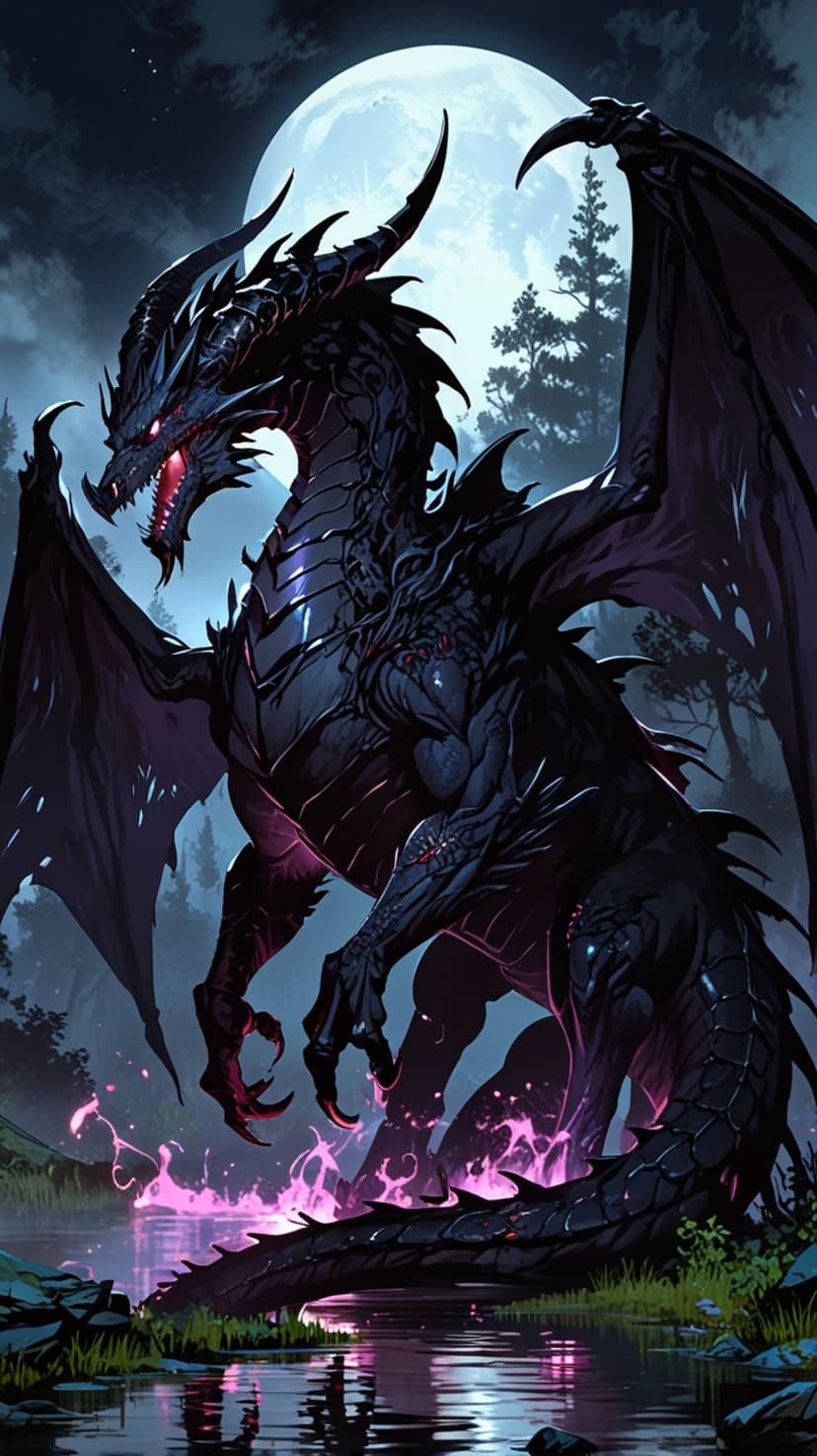 Black dragon with red eyes stands under a full moon in a night forest with pink magic and water reflections.