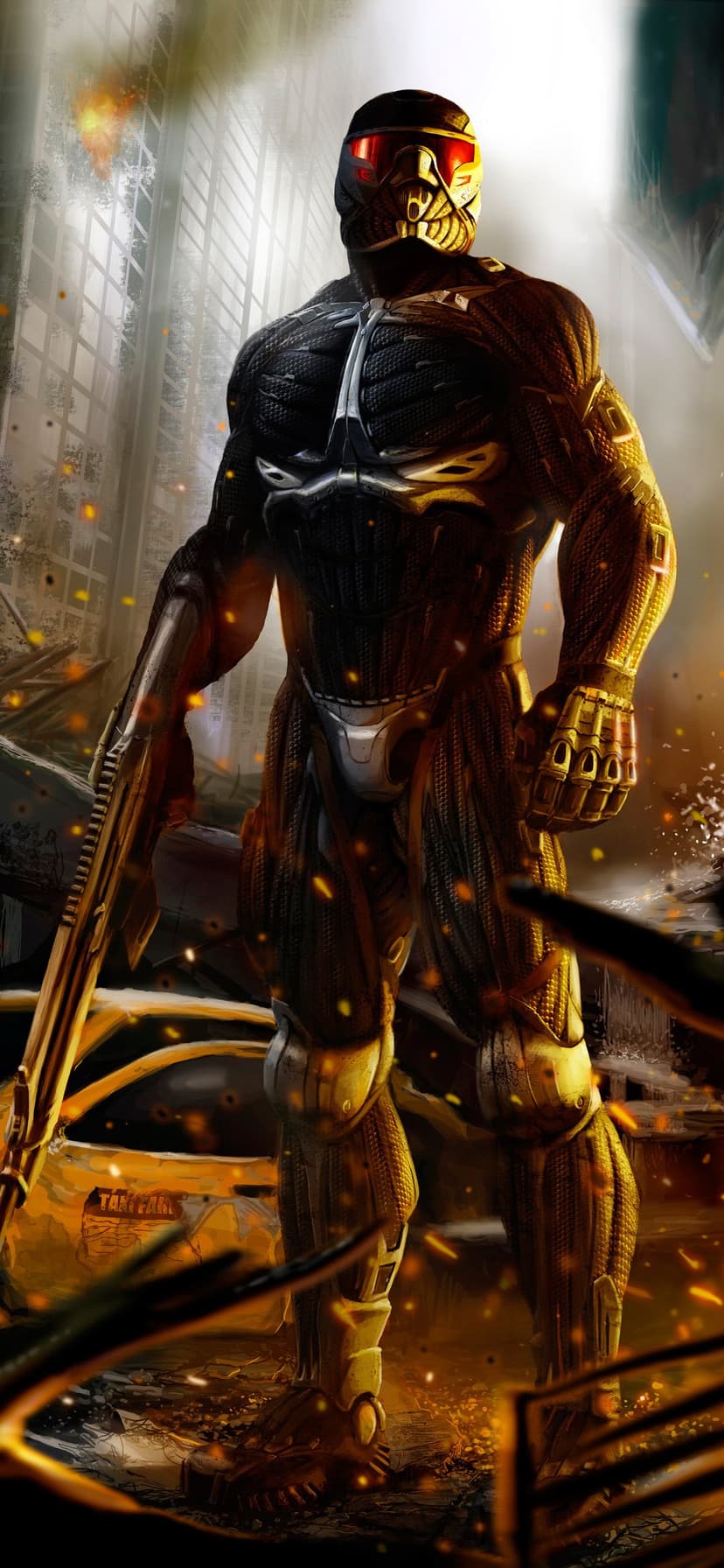 Soldier in a black nanosuit with a red glowing visor holding a rifle in a destroyed city with golden light.