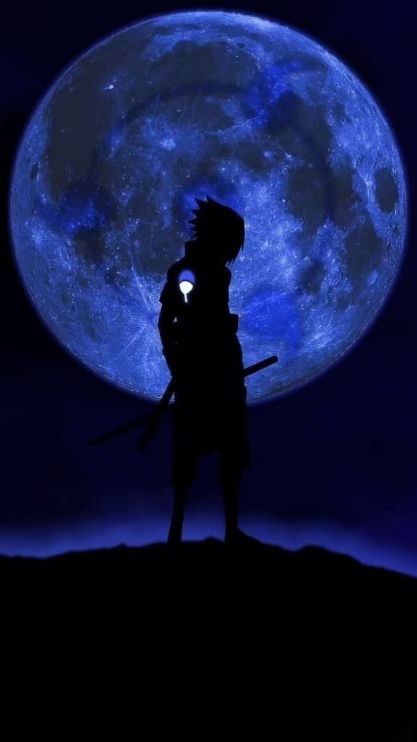 Sasuke Uchiha's silhouette stands before a giant blue moon with a glowing red Sharingan symbol on his back.